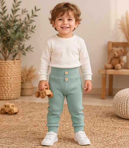 Legginsy chłopięce LC004 szałwiowe bawełniane prążkowane z guziczkami