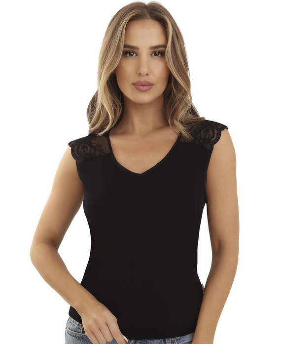 Koszulka damska Elza Emili z wiskozy czarna z haftowanym tiulem V-neck