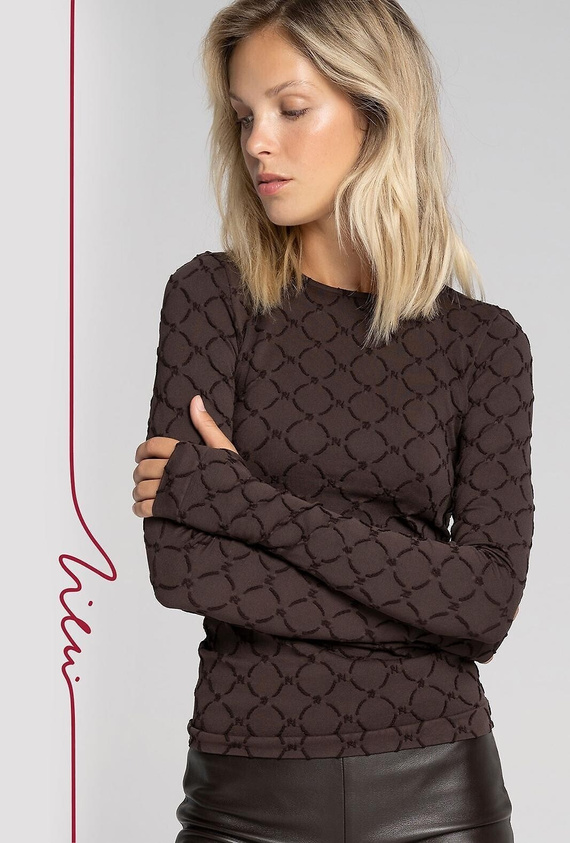 Bluzka damska Zień 43154 Seamless Monogram Gatta – mocha bezszwowa bluzka premium z monogramem Zienia i przedłużonymi rękawami