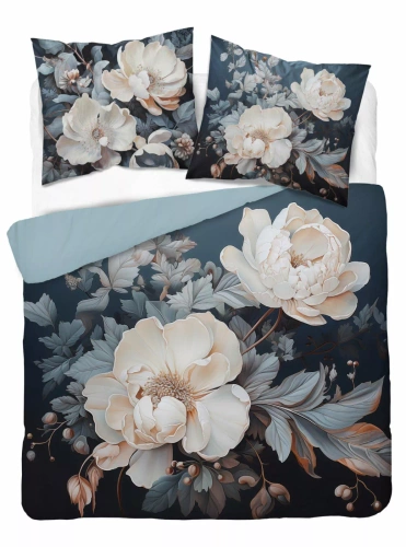 5131 A Pościel bawełniana Holland Detexpol iemna z beżowo-kremowymi piwoniami – 100% bawełna, dwustronna, polska produkcja