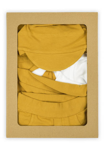 169405 Komplet czapka, bluza, body i spodnie "Mix" Nicol - musztardowy