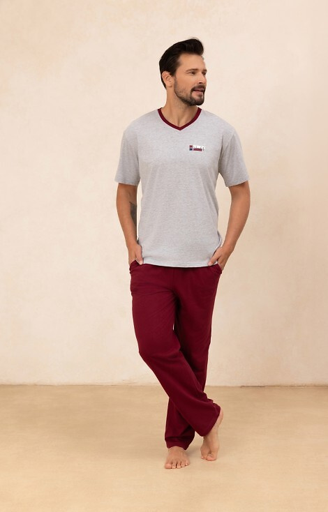 498 Piżama męska bawełniana Regina szara– koszulka V-neck + długie spodnie