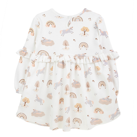 141970 Sukienka długi rękaw Nicol – kremowa bawełniana z jednorożcami