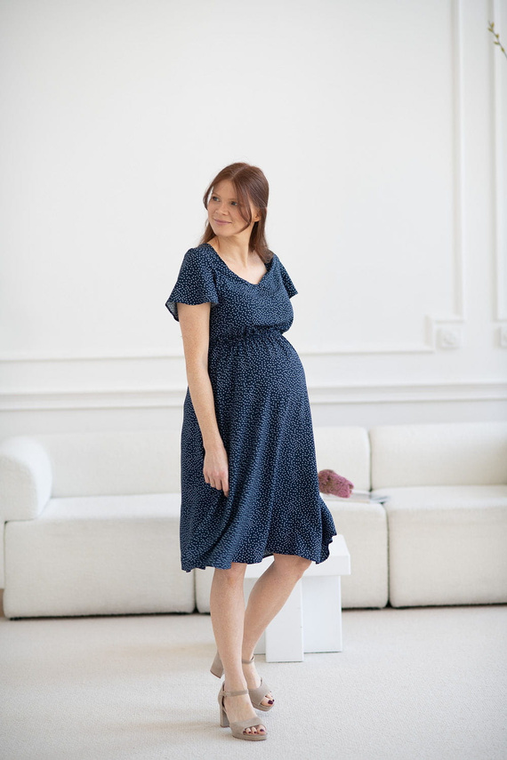 Lovely Dress Midi sukienka ciążowa i do karmienia krótki rękaw Milk&Love granatowa w groszki