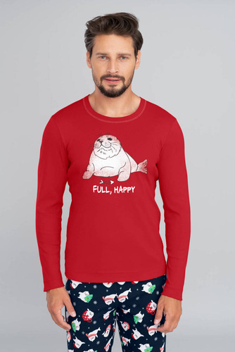 Elder Piżama Męska długi rękaw, długie spodnie Italian Fashion- czerwony/druk granatowy