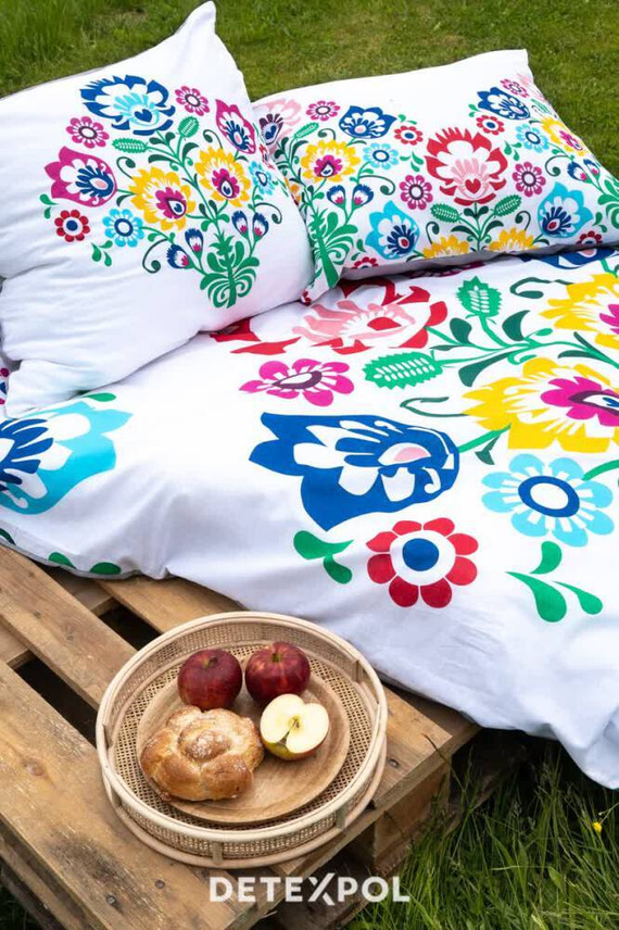 3612 A Pościel bawełniana Łowicka wycinanka kwiaty kurpiowska Detexpol biały/szary