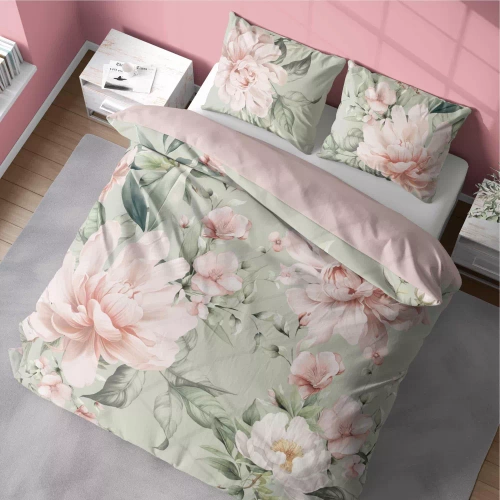 5308 A Pościel z mikrofibry kwiaty Detexpol oliwkowy/różowy