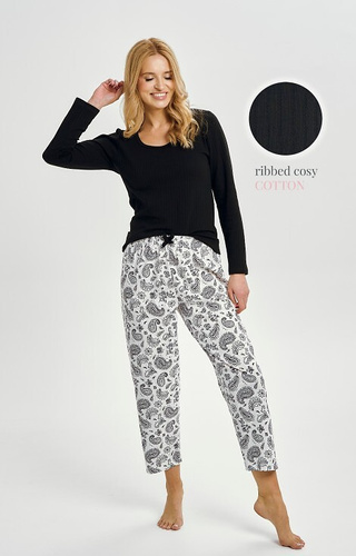 3454 Piżama damska bawełniana Taro  czarna  – długi rękaw, wzorzyste spodnie