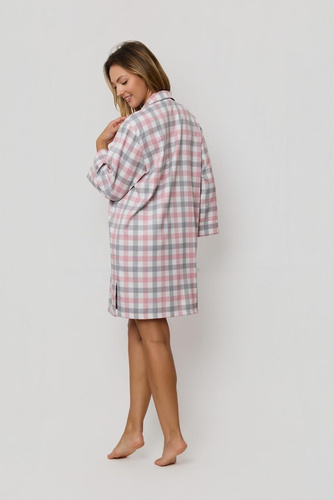 Koszula damska Stella KG80 Mefemi by Nipplex różowy-szary – elegancka koszula w kratę z wysokiej jakości tkaniny, długi rękaw, guziki, rozcięcia po bokach