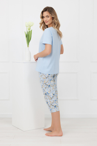 Piżama damska Celozja, 100% bawełna, krótki rękaw, 3/4 spodnie, kwiatowy wzór, kokardka