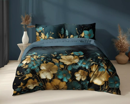 5118 A Pościel bawełniana Holland Detexpol ciemna w kwiaty złoto-turkusowe– 100% bawełna, dwustronna, polska produkcja