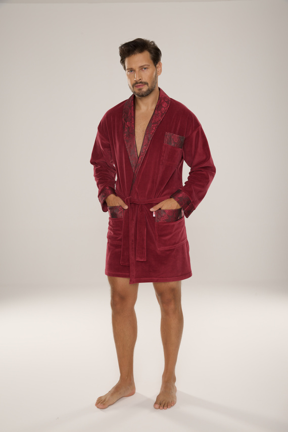 866 Noble Szlafrok męski welurowy De Lafense – krótki, elegancki, bawełna - burgund