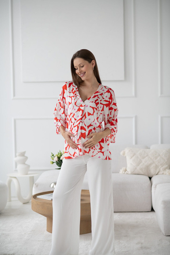 Mamafullness Bluzka ciążowa do karmienia Milk&Love w kwiaty – wiskoza, rękaw 3/4, oversize