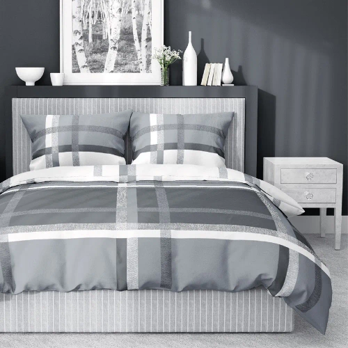 4674 A Home Satin Pościel satynowa krata Detexpol szary 