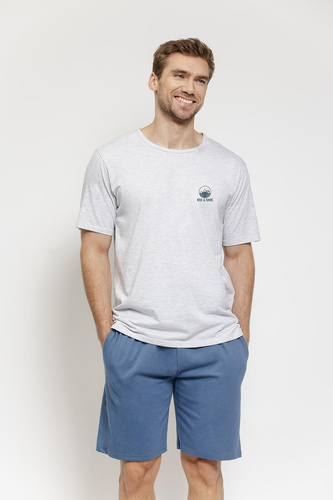 Piżama męska 3576/3577 Gabriel – bawełniana, krótki rękaw, kieszenie jasny melanż