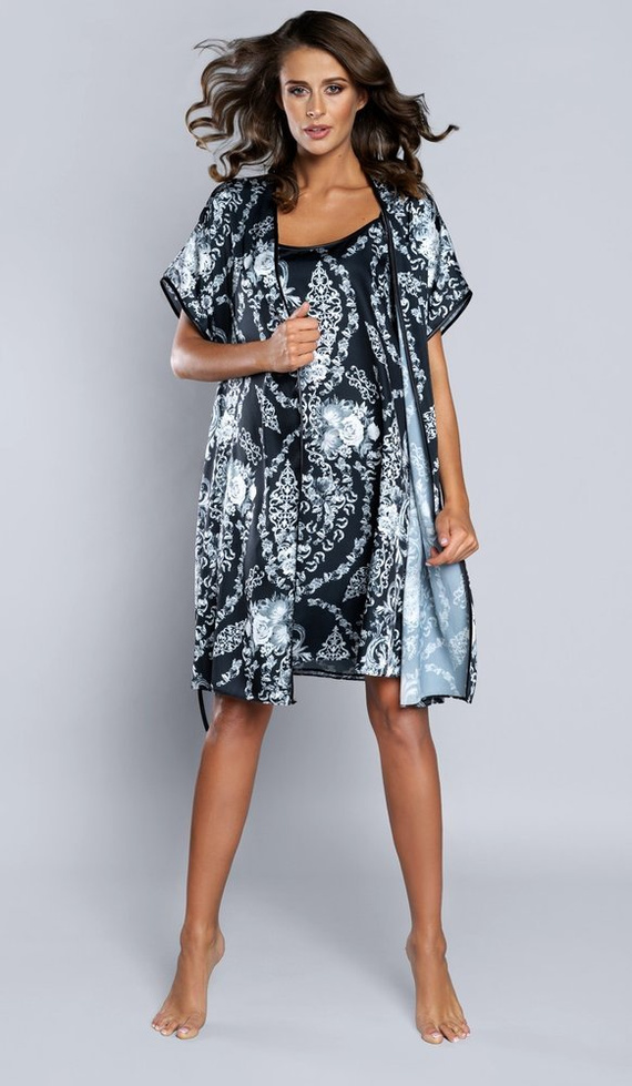 Silver Szlafrok Damska krótki rękaw Satyna Italian Fashion- granat 