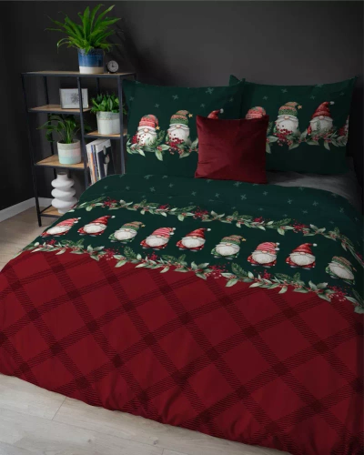 5618 A Magia Świąt Pościel flanelowa świąteczna Detexpol w skrzaty na bordowo-zielonym tle– bawełna 100%, 160 g/m², zamek, OEKO-TEX®
