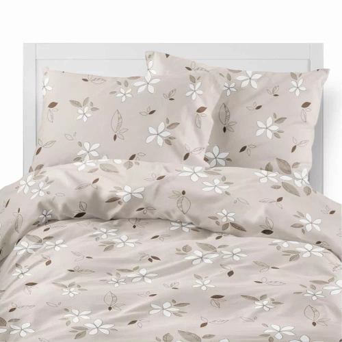 5632 A Pościel flanelowa Pastel Flowers Detexpol beżowa w białe kwiaty i liście– ciepła, miękka i elegancka