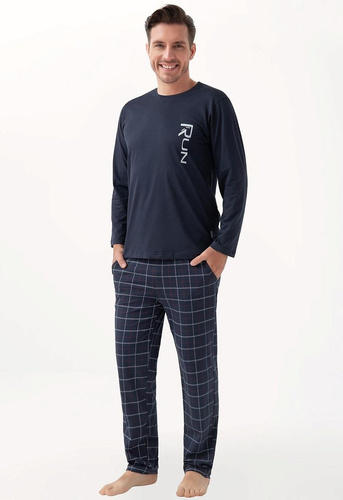 Piżama męska 810 Luna granatowa – bawełna, długi rękaw, spodnie z kieszeniami