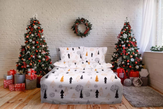 F-87 Pościel flanelowa świąteczna choinki bombki Matex biały