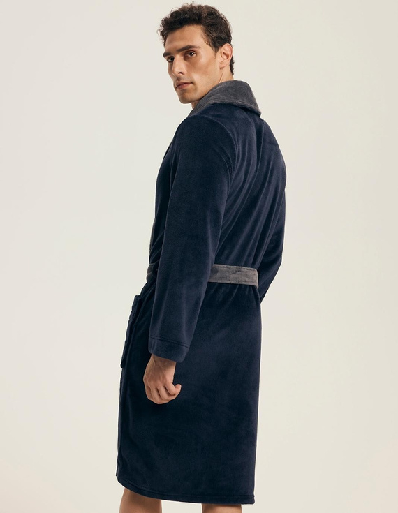 Szlafrok męski Henderson 43378 Nocturn – granatowy, wiązany w pasie, miękka dzianina