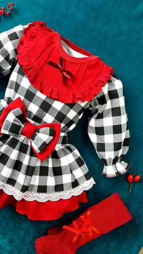 182KK Santa Body falbanka z długim rękawem Marija - kratka z bordowym dekoltem