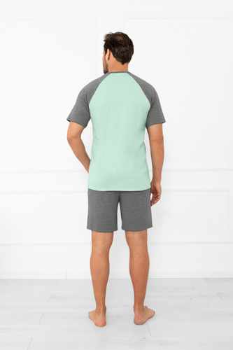 Piżama męska Aleksander Italian Fashion – krótki rękaw i krótkie spodenki, 100% bawełna - szałwia/melanż 