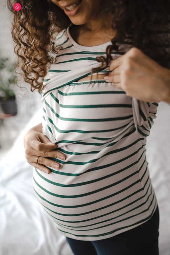Milk Shirt Bluzka do karmienia i ciążowa z krótkim rękawem Milk&Love w biało-zielone paski