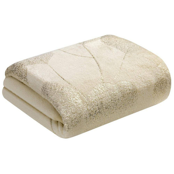 Ginko 2 Koc narzuta z mikrofibry z błyszczącym nadrukiem liści Eurofirany miodowy