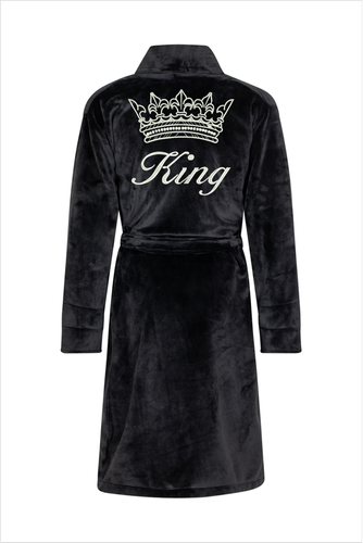 King + Korona Szlafrok męski polarowy ByShelly - czarny/srebrny