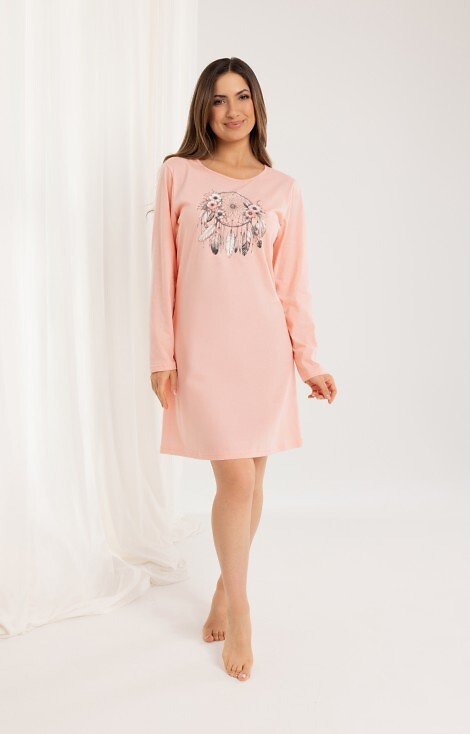 162 Koszula nocna bawełniana Regina morelowa – długi rękaw, nadruk, przed kolano
