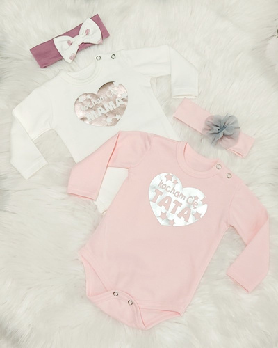 "Kocham Cię Mama" serduszko różowe Body z długim rękawem Bambarillo biały 