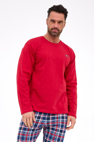 124/312 Ready 3 Cornette bordowa– męska piżama bawełniana, długi rękaw, spodnie w kratkę