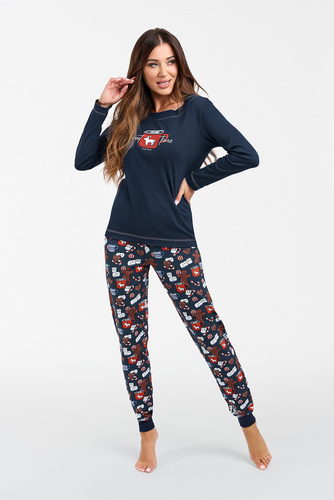 Makala Piżama Damska długi rękaw i długie spodnie Italian Fashion - granat/druk