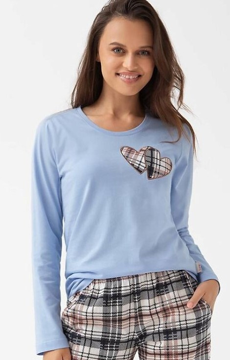  322 Luna niebieska   – piżama damska bawełniana, serduszka, długi rękaw, spodnie w kratkę