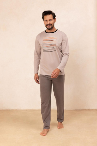 Regina 492 beżowa – męska piżama bawełniana z długim rękawem, klasyczny fason