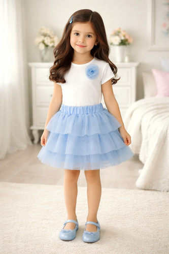 Róża bluzka dziewczęca Bambarillo śmietankowa elegancka z aplikacją niebieską 