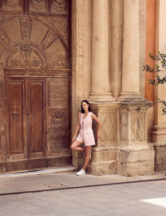 Piżama Felicity Sensis biało-różowa len bawełna paski