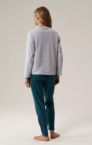 NLP-498 Atlantic szary-szmaragd – piżama damska bawełniana, długi rękaw i spodnie