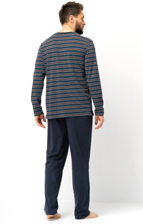 MNS 315 Piżama męska Key brązowa – bawełna, bluza w paski i gładkie spodnie