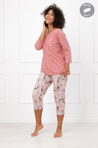 Italian Fashion Kafelia Piżama damska Mega Soft 3/4 kwiaty kieszonka