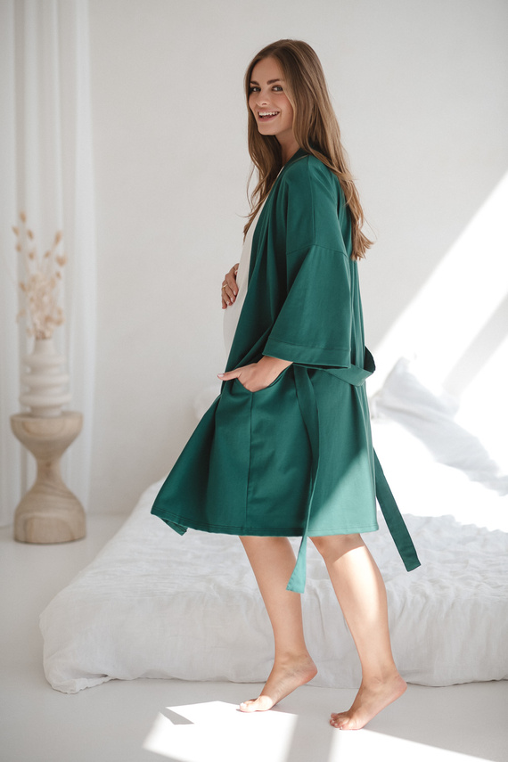 Szlafrok ciążowy Milk&Love butelkowa zieleń– bawełna z elastanem, komfortowy, rękaw 7/8