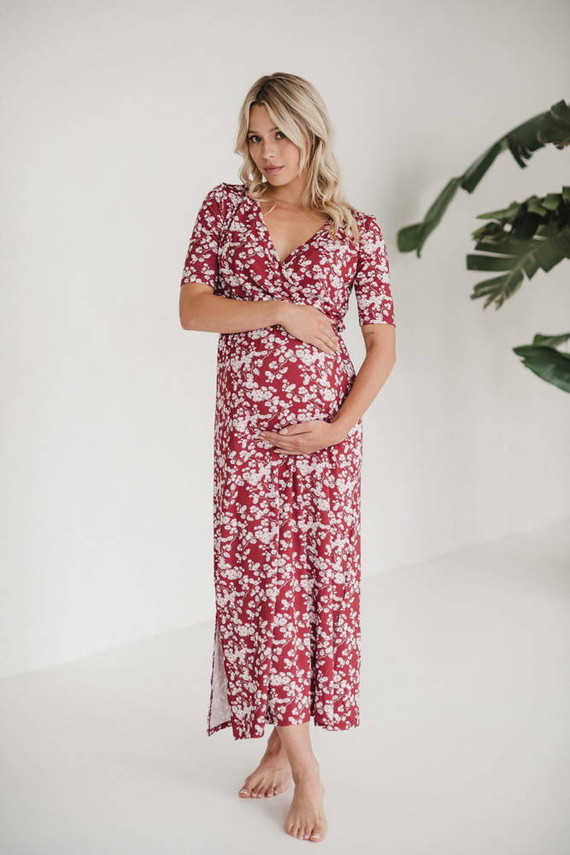 Sukienka ciążowa i do karmienia Two Ways LONG Milk&Love burgund w jasne kwiaty