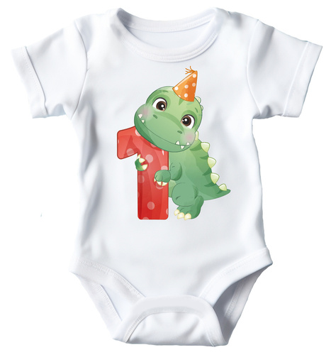 "ROCZEK dla chłopca, dinozaur jedynka" Body krótki rękaw Moocha biały