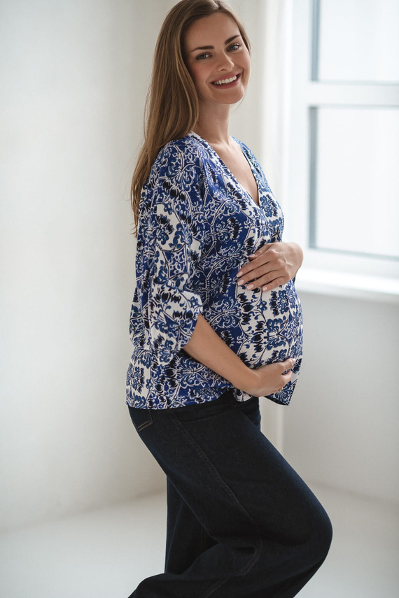 Bahama Mama Bluzka ciążowa do karmienia Milk&Love print Azul– wiskoza, rękaw 3/4, oversize