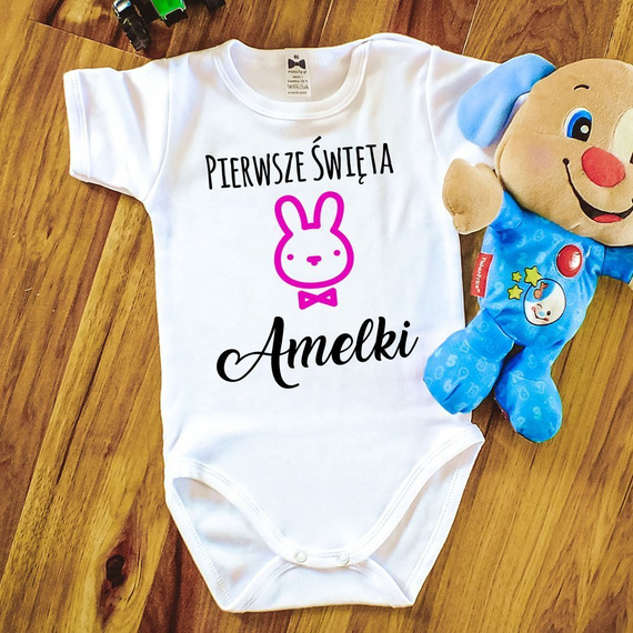 Body krótki rękaw "Pierwsze Święta Wielkanocne róż" Moocha białe