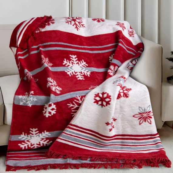 SP1554A Koc świąteczny płatki śniegu w paski Darymex czerwony