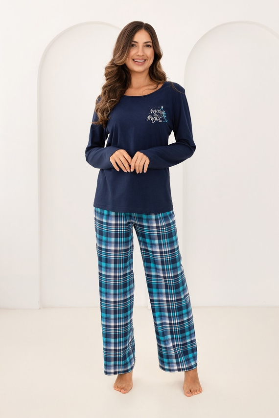 Piżama damska Regina 743  granatowa– bawełniana, dł. rękaw, nadruk, spodnie w kratę