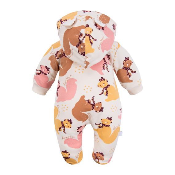 Fluffy Tails Kombinezon dziecięcy dresowy Eevi – ecru, ze stópkami i kapturem, jesienny nadruk