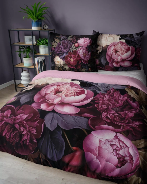 5129 A Pościel bawełniana Holland Detexpol czarna w piwonie w odcieniach bordo i różu – 100% bawełna, dwustronna, polska produkcja